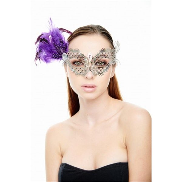 Mysterious Elegance Silver Laser Cut Masquerade Mask with Purple Feather Arrangement One Size